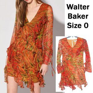 NWT Sheer Sleeves Cocktail Dress Walter Baker Womens Size 0 Midi Knee Length